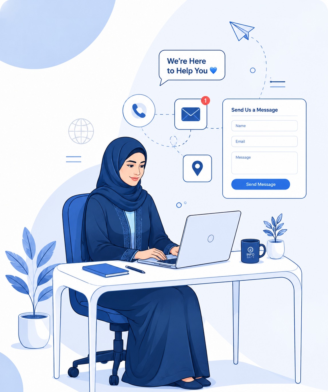 InfoGate contact us illustration — message form and support