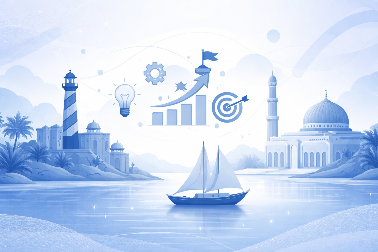 InfoGate about us illustration — Oman skyline, growth, and digital ecosystem